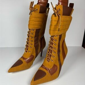 Liliana Mustard Yellow and Brown Lace-Up Pointed Stiletto Ankle Boots